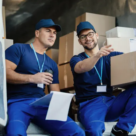 Equipo de Muvon organizando paquetes junto al vehículo de reparto