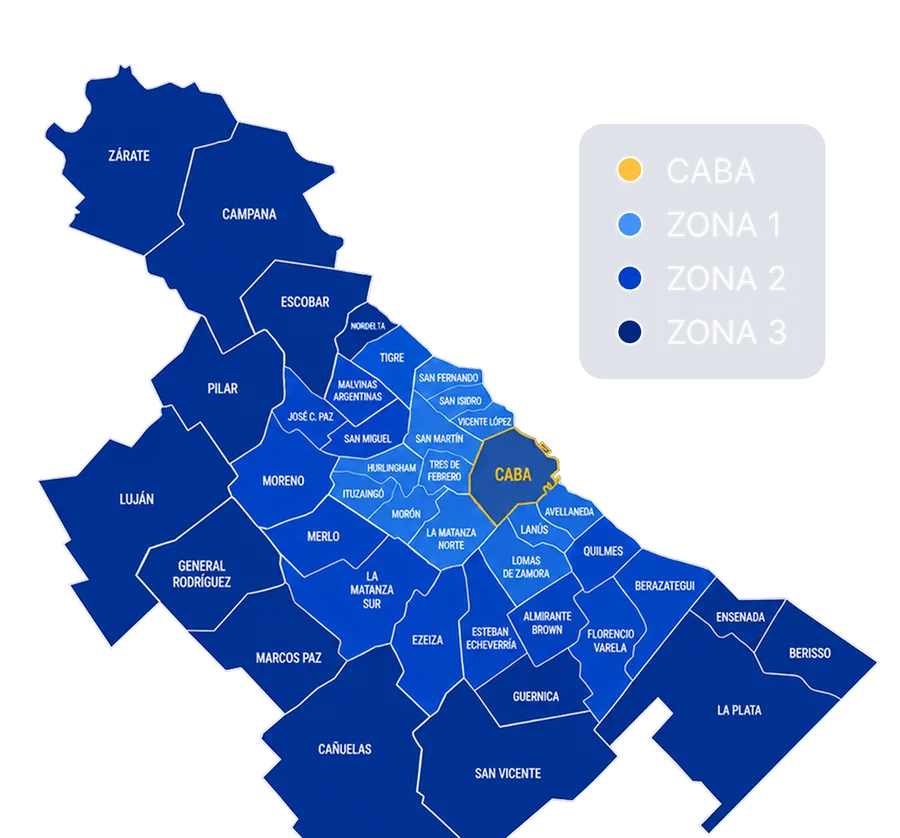 Mapa de zonas de cobertura de Muvon: CABA, Zona 1, Zona 2 y Zona 3 en el Gran Buenos Aires